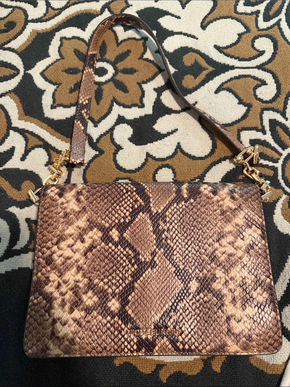 Michael Kors Brown Snake-Print Shoulder Bag with Gold Hardware